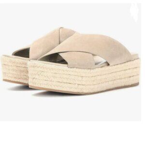 FSJ Beige Suede Crisscross Platform Espadrille Sandals